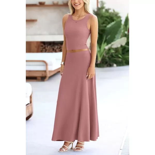 imagePRETTYGARDEN Womens 2 Piece Maxi Skirt Sets Casual Summer Knit Cropped Tank Top High Waisted Long Skirts OutfitDusty Pink