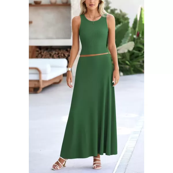 imagePRETTYGARDEN Womens 2 Piece Maxi Skirt Sets Casual Summer Knit Cropped Tank Top High Waisted Long Skirts OutfitGreen