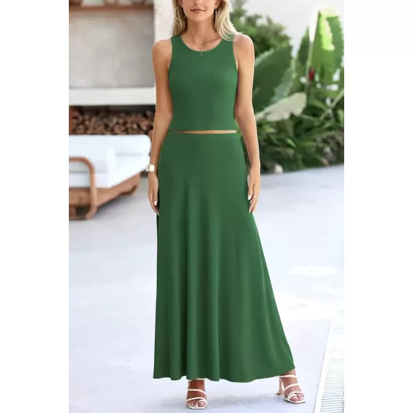 imagePRETTYGARDEN Womens 2 Piece Maxi Skirt Sets Casual Summer Knit Cropped Tank Top High Waisted Long Skirts OutfitGreen