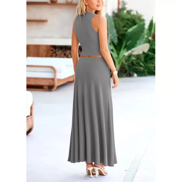 imagePRETTYGARDEN Womens 2 Piece Maxi Skirt Sets Casual Summer Knit Cropped Tank Top High Waisted Long Skirts OutfitGrey