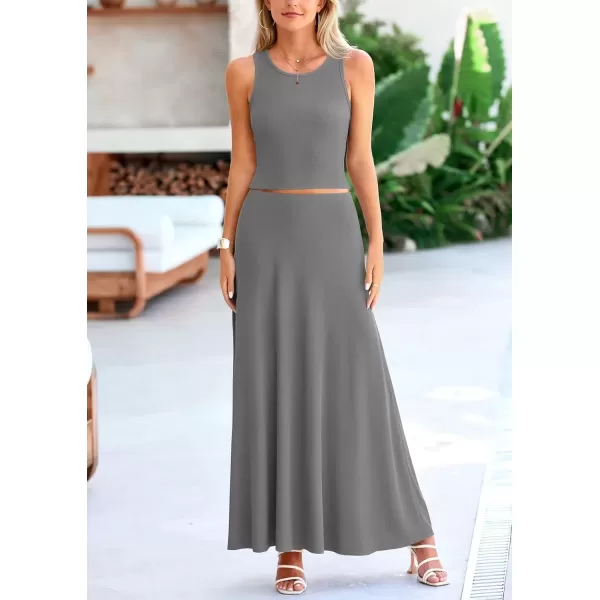imagePRETTYGARDEN Womens 2 Piece Maxi Skirt Sets Casual Summer Knit Cropped Tank Top High Waisted Long Skirts OutfitGrey