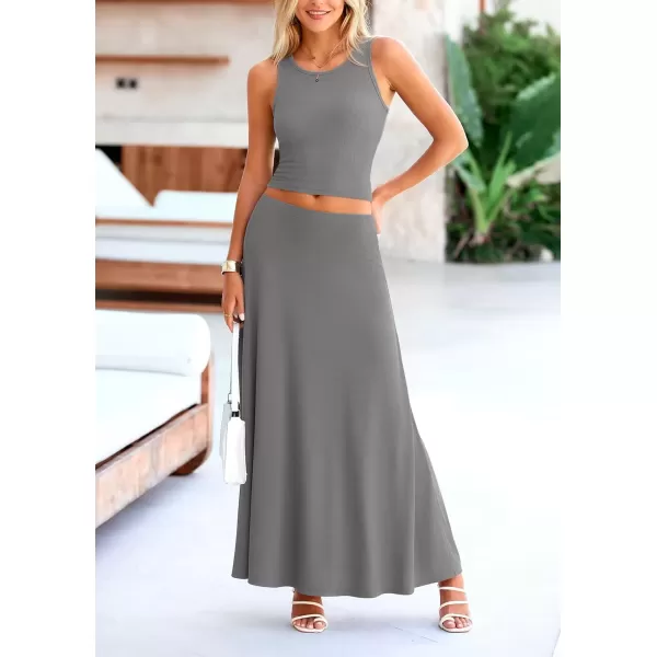 imagePRETTYGARDEN Womens 2 Piece Maxi Skirt Sets Casual Summer Knit Cropped Tank Top High Waisted Long Skirts OutfitGrey