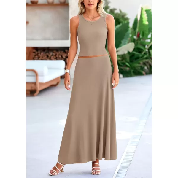 imagePRETTYGARDEN Womens 2 Piece Maxi Skirt Sets Casual Summer Knit Cropped Tank Top High Waisted Long Skirts OutfitKhaki