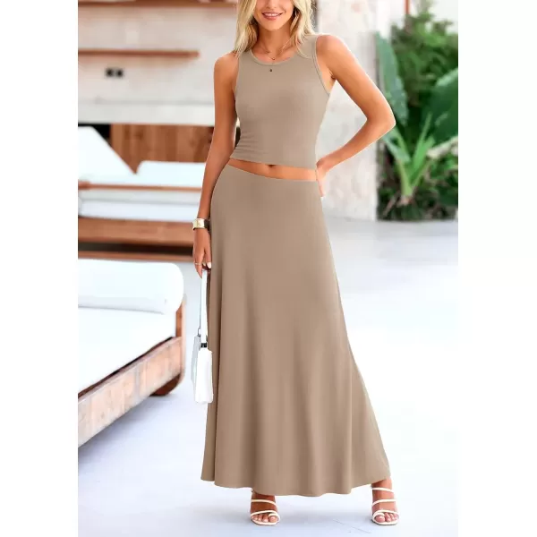 imagePRETTYGARDEN Womens 2 Piece Maxi Skirt Sets Casual Summer Knit Cropped Tank Top High Waisted Long Skirts OutfitKhaki