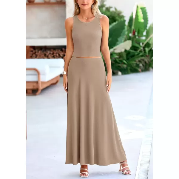 imagePRETTYGARDEN Womens 2 Piece Maxi Skirt Sets Casual Summer Knit Cropped Tank Top High Waisted Long Skirts OutfitKhaki