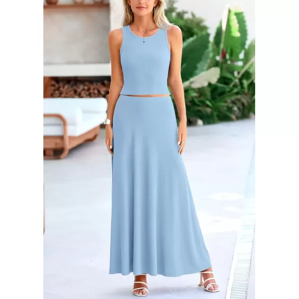 imagePRETTYGARDEN Womens 2 Piece Maxi Skirt Sets Casual Summer Knit Cropped Tank Top High Waisted Long Skirts OutfitLight Blue
