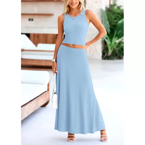 imagePRETTYGARDEN Womens 2 Piece Maxi Skirt Sets Casual Summer Knit Cropped Tank Top High Waisted Long Skirts OutfitLight Blue