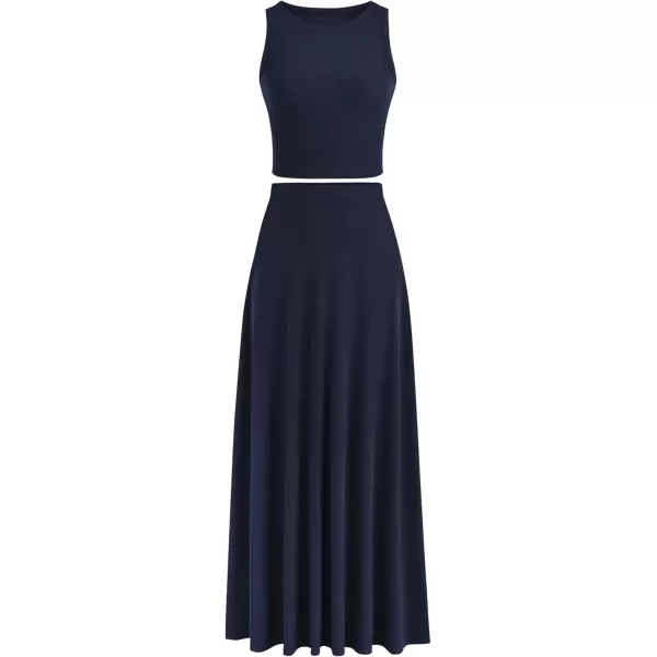 imagePRETTYGARDEN Womens 2 Piece Maxi Skirt Sets Casual Summer Knit Cropped Tank Top High Waisted Long Skirts OutfitNavy