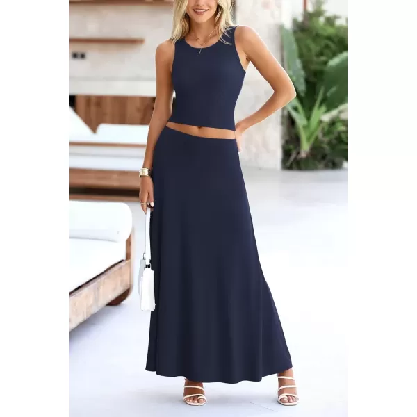 imagePRETTYGARDEN Womens 2 Piece Maxi Skirt Sets Casual Summer Knit Cropped Tank Top High Waisted Long Skirts OutfitNavy