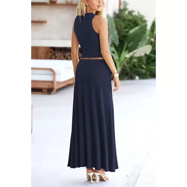 imagePRETTYGARDEN Womens 2 Piece Maxi Skirt Sets Casual Summer Knit Cropped Tank Top High Waisted Long Skirts OutfitNavy