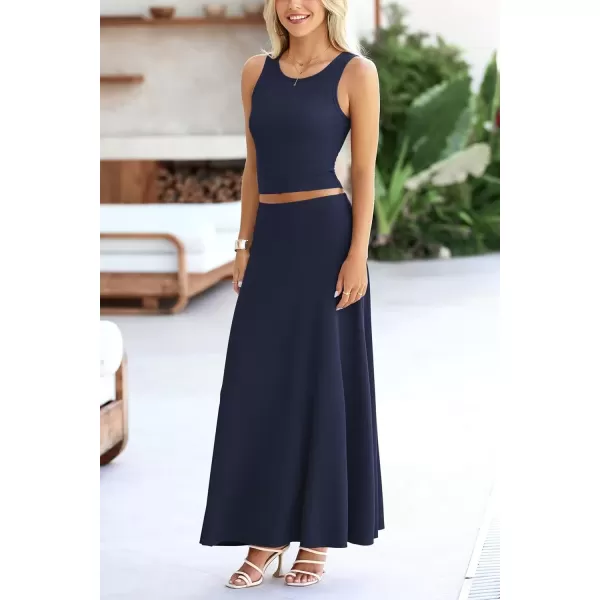 imagePRETTYGARDEN Womens 2 Piece Maxi Skirt Sets Casual Summer Knit Cropped Tank Top High Waisted Long Skirts OutfitNavy