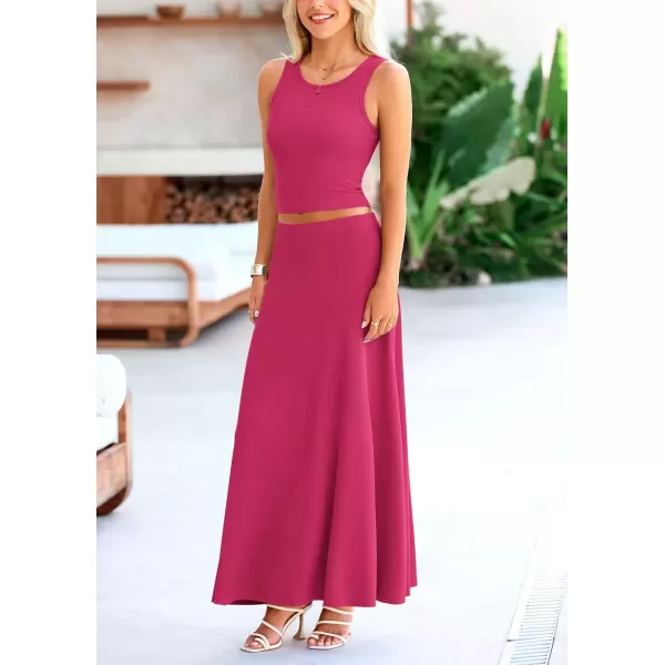 imagePRETTYGARDEN Womens 2 Piece Maxi Skirt Sets Casual Summer Knit Cropped Tank Top High Waisted Long Skirts OutfitRose Red