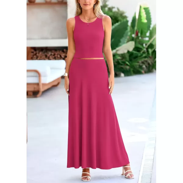 imagePRETTYGARDEN Womens 2 Piece Maxi Skirt Sets Casual Summer Knit Cropped Tank Top High Waisted Long Skirts OutfitRose Red