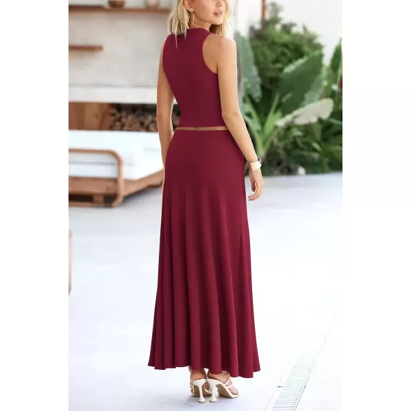imagePRETTYGARDEN Womens 2 Piece Maxi Skirt Sets Casual Summer Knit Cropped Tank Top High Waisted Long Skirts OutfitWine Red