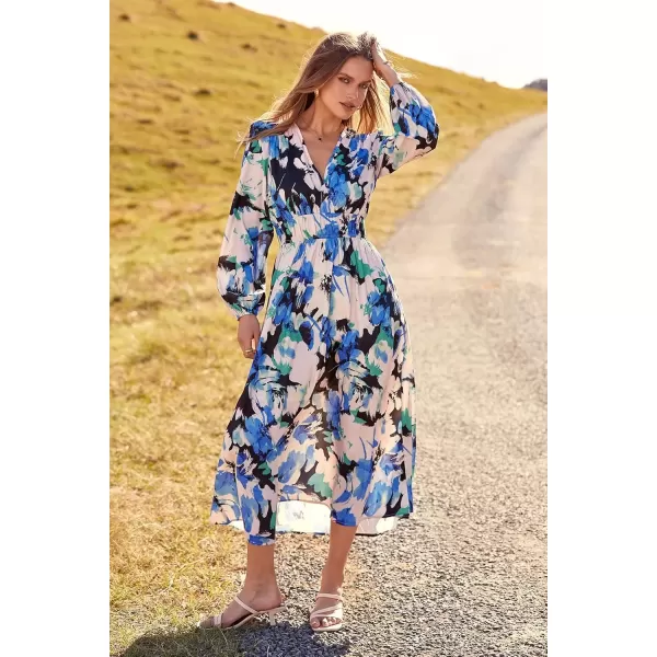 imagePRETTYGARDEN Womens 2024 Fall Boho Maxi Dress Casual Long Sleeve V Neck Printed Beach Long Flowy DressesBlack Blue Floral