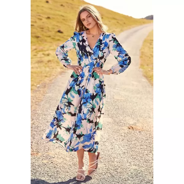 imagePRETTYGARDEN Womens 2024 Fall Boho Maxi Dress Casual Long Sleeve V Neck Printed Beach Long Flowy DressesBlack Blue Floral