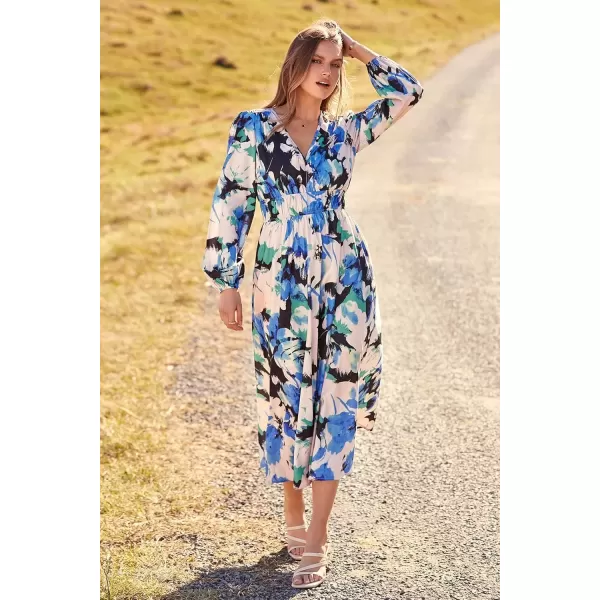 imagePRETTYGARDEN Womens 2024 Fall Boho Maxi Dress Casual Long Sleeve V Neck Printed Beach Long Flowy DressesBlack Blue Floral