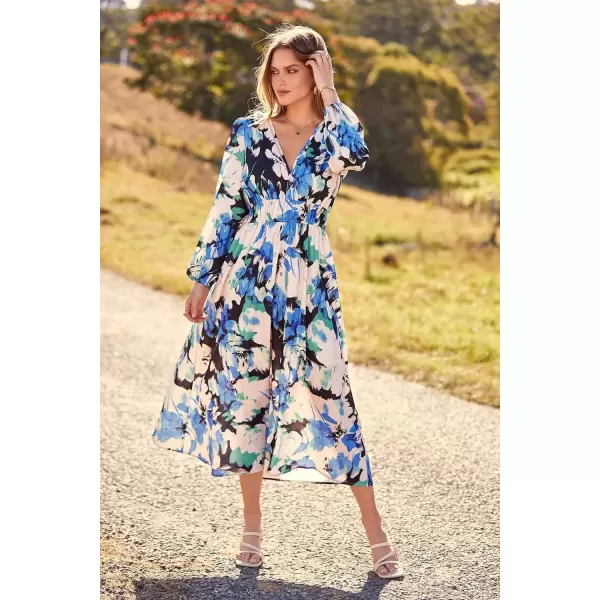 imagePRETTYGARDEN Womens 2024 Fall Boho Maxi Dress Casual Long Sleeve V Neck Printed Beach Long Flowy DressesBlack Blue Floral