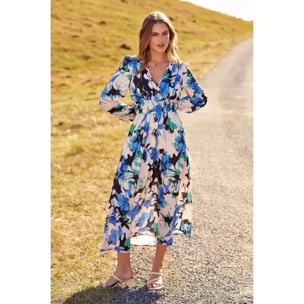 imagePRETTYGARDEN Womens 2024 Fall Boho Maxi Dress Casual Long Sleeve V Neck Printed Beach Long Flowy DressesBlack Blue Floral