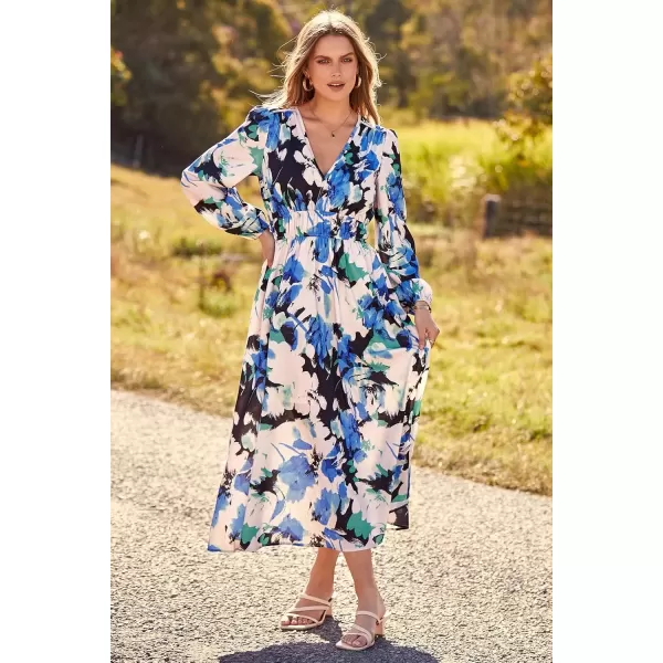 imagePRETTYGARDEN Womens 2024 Fall Boho Maxi Dress Casual Long Sleeve V Neck Printed Beach Long Flowy DressesBlack Blue Floral