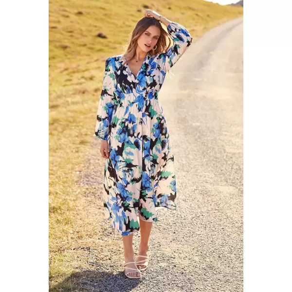 imagePRETTYGARDEN Womens 2024 Fall Boho Maxi Dress Casual Long Sleeve V Neck Printed Beach Long Flowy DressesBlack Blue Floral