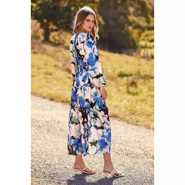 imagePRETTYGARDEN Womens 2024 Fall Boho Maxi Dress Casual Long Sleeve V Neck Printed Beach Long Flowy DressesBlack Blue Floral