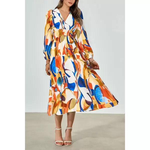 imagePRETTYGARDEN Womens 2024 Fall Boho Maxi Dress Casual Long Sleeve V Neck Printed Beach Long Flowy DressesBlue Watercolour