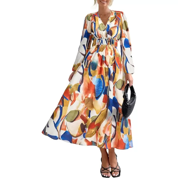 imagePRETTYGARDEN Womens 2024 Fall Boho Maxi Dress Casual Long Sleeve V Neck Printed Beach Long Flowy DressesBlue Watercolour