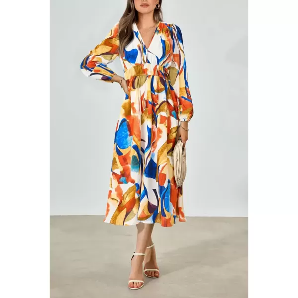 imagePRETTYGARDEN Womens 2024 Fall Boho Maxi Dress Casual Long Sleeve V Neck Printed Beach Long Flowy DressesBlue Watercolour