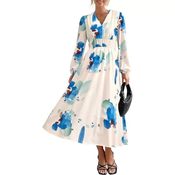 imagePRETTYGARDEN Womens 2024 Fall Boho Maxi Dress Casual Long Sleeve V Neck Printed Beach Long Flowy DressesBlue White Floral