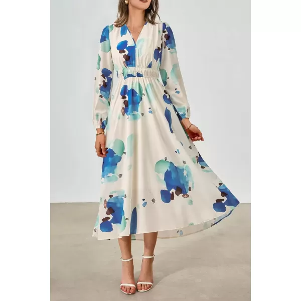 imagePRETTYGARDEN Womens 2024 Fall Boho Maxi Dress Casual Long Sleeve V Neck Printed Beach Long Flowy DressesBlue White Floral