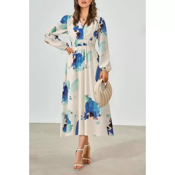 imagePRETTYGARDEN Womens 2024 Fall Boho Maxi Dress Casual Long Sleeve V Neck Printed Beach Long Flowy DressesBlue White Floral