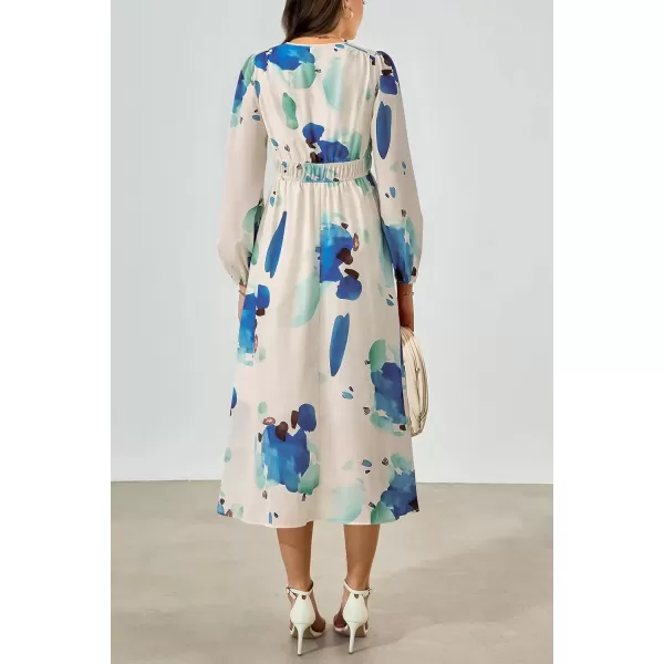 imagePRETTYGARDEN Womens 2024 Fall Boho Maxi Dress Casual Long Sleeve V Neck Printed Beach Long Flowy DressesBlue White Floral