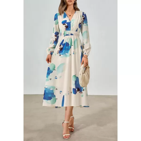 imagePRETTYGARDEN Womens 2024 Fall Boho Maxi Dress Casual Long Sleeve V Neck Printed Beach Long Flowy DressesBlue White Floral