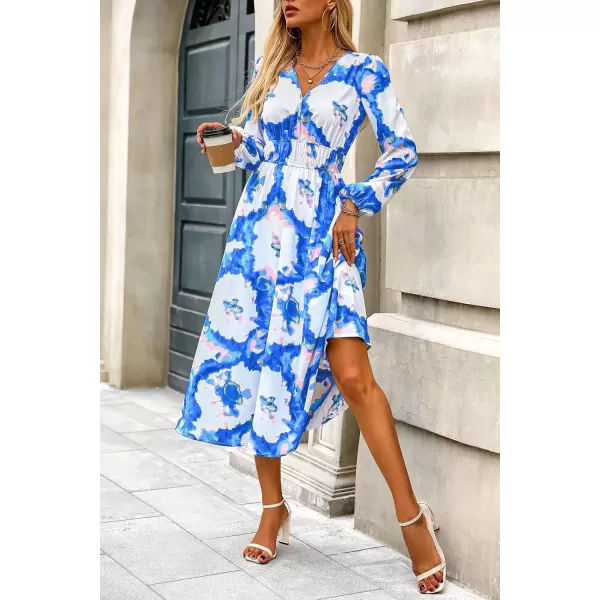 imagePRETTYGARDEN Womens 2024 Fall Boho Maxi Dress Casual Long Sleeve V Neck Printed Beach Long Flowy DressesBlue White Watercolour