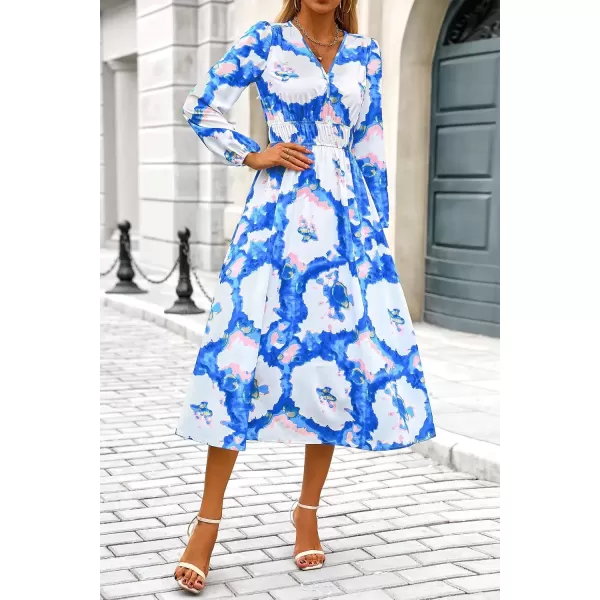 imagePRETTYGARDEN Womens 2024 Fall Boho Maxi Dress Casual Long Sleeve V Neck Printed Beach Long Flowy DressesBlue White Watercolour