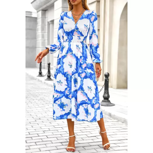 imagePRETTYGARDEN Womens 2024 Fall Boho Maxi Dress Casual Long Sleeve V Neck Printed Beach Long Flowy DressesBlue White Watercolour
