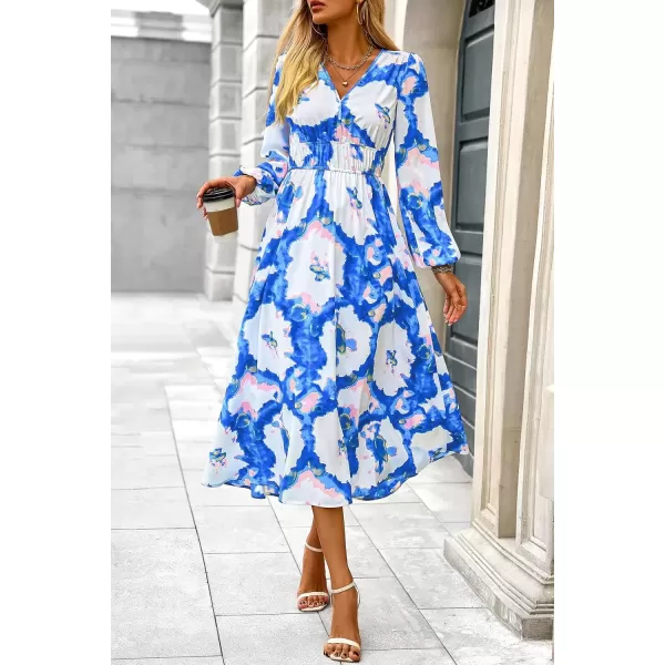 imagePRETTYGARDEN Womens 2024 Fall Boho Maxi Dress Casual Long Sleeve V Neck Printed Beach Long Flowy DressesBlue White Watercolour