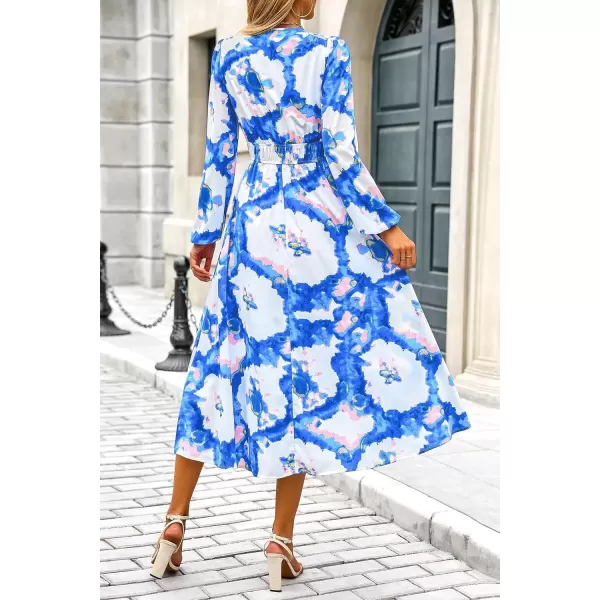 imagePRETTYGARDEN Womens 2024 Fall Boho Maxi Dress Casual Long Sleeve V Neck Printed Beach Long Flowy DressesBlue White Watercolour