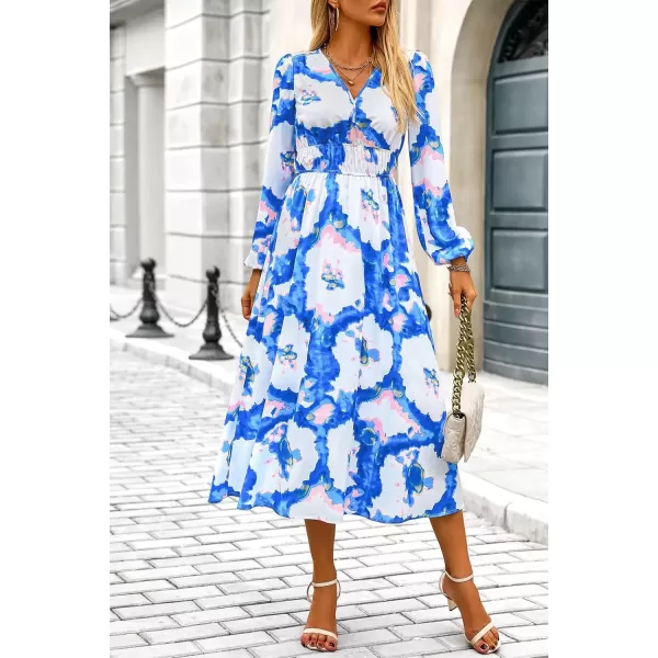 imagePRETTYGARDEN Womens 2024 Fall Boho Maxi Dress Casual Long Sleeve V Neck Printed Beach Long Flowy DressesBlue White Watercolour