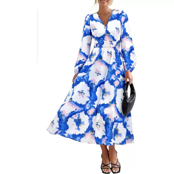 imagePRETTYGARDEN Womens 2024 Fall Boho Maxi Dress Casual Long Sleeve V Neck Printed Beach Long Flowy DressesBlue White Watercolour