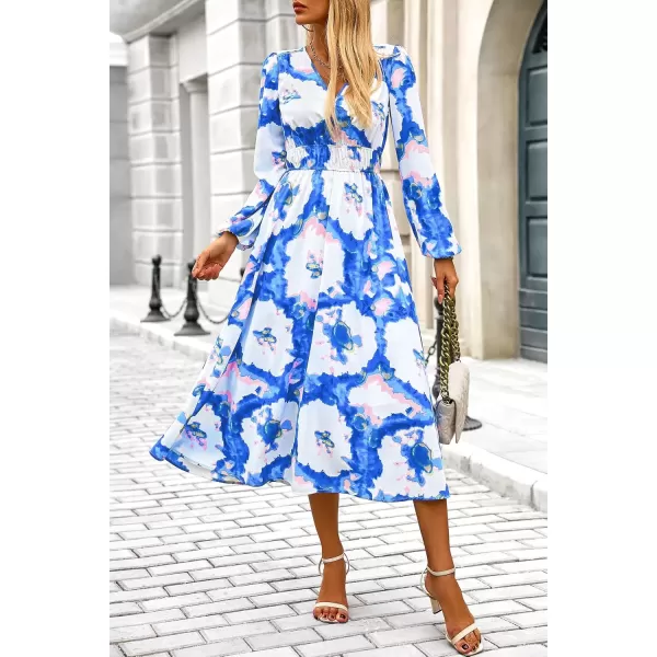 imagePRETTYGARDEN Womens 2024 Fall Boho Maxi Dress Casual Long Sleeve V Neck Printed Beach Long Flowy DressesBlue White Watercolour
