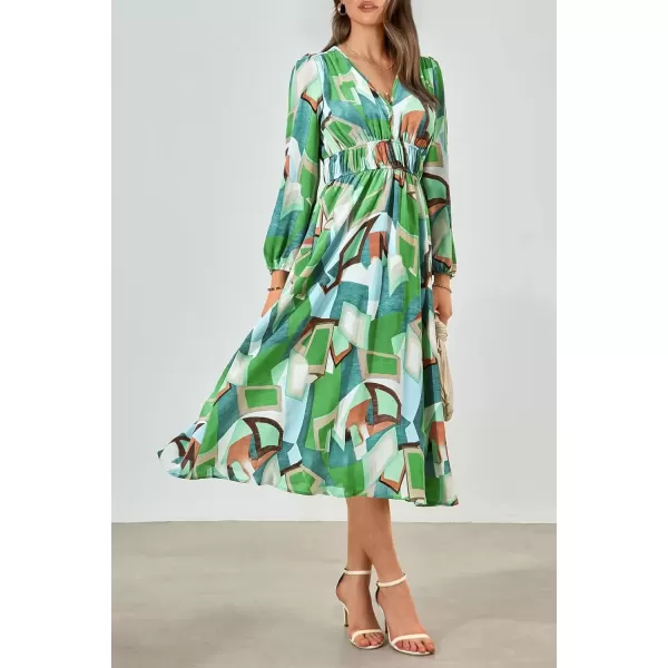 imagePRETTYGARDEN Womens 2024 Fall Boho Maxi Dress Casual Long Sleeve V Neck Printed Beach Long Flowy DressesGreen