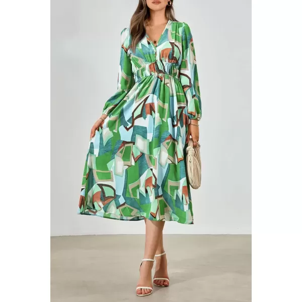 imagePRETTYGARDEN Womens 2024 Fall Boho Maxi Dress Casual Long Sleeve V Neck Printed Beach Long Flowy DressesGreen