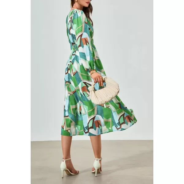 imagePRETTYGARDEN Womens 2024 Fall Boho Maxi Dress Casual Long Sleeve V Neck Printed Beach Long Flowy DressesGreen