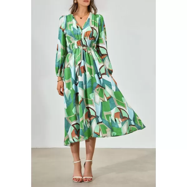 imagePRETTYGARDEN Womens 2024 Fall Boho Maxi Dress Casual Long Sleeve V Neck Printed Beach Long Flowy DressesGreen
