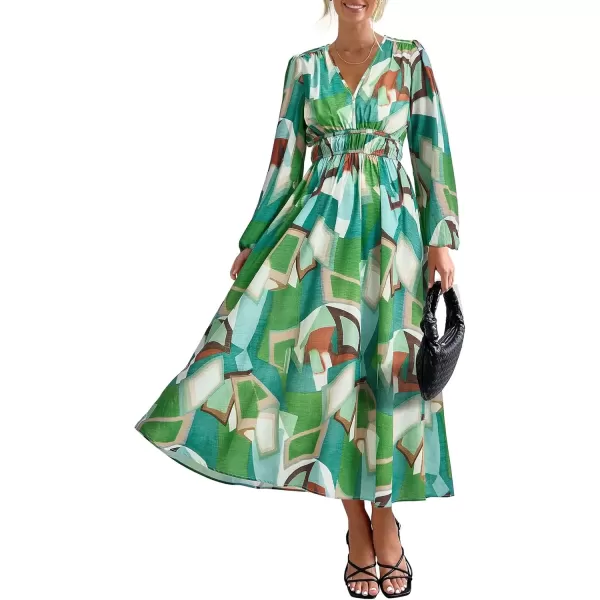 imagePRETTYGARDEN Womens 2024 Fall Boho Maxi Dress Casual Long Sleeve V Neck Printed Beach Long Flowy DressesGreen