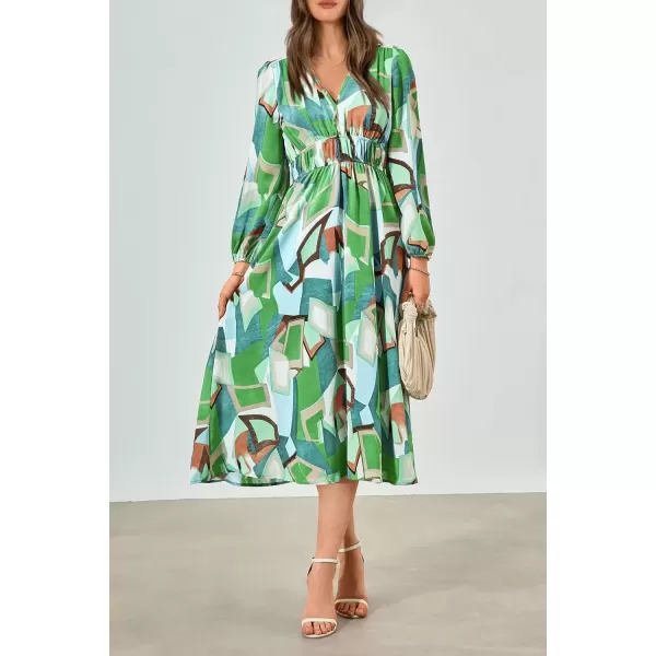 imagePRETTYGARDEN Womens 2024 Fall Boho Maxi Dress Casual Long Sleeve V Neck Printed Beach Long Flowy DressesGreen
