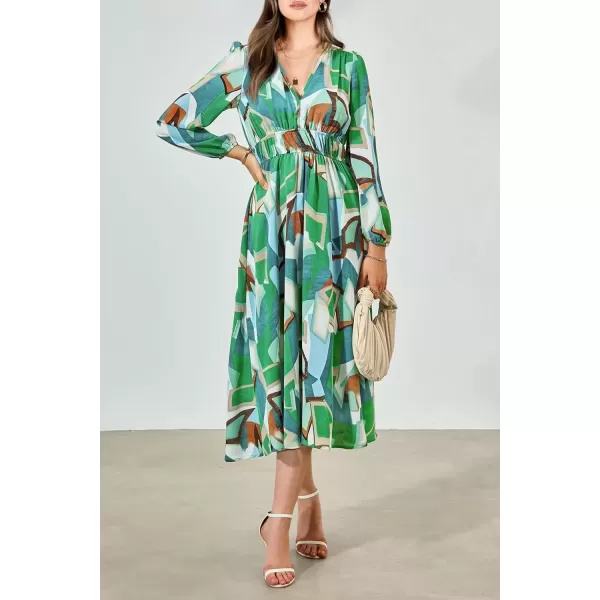 imagePRETTYGARDEN Womens 2024 Fall Boho Maxi Dress Casual Long Sleeve V Neck Printed Beach Long Flowy DressesGreen