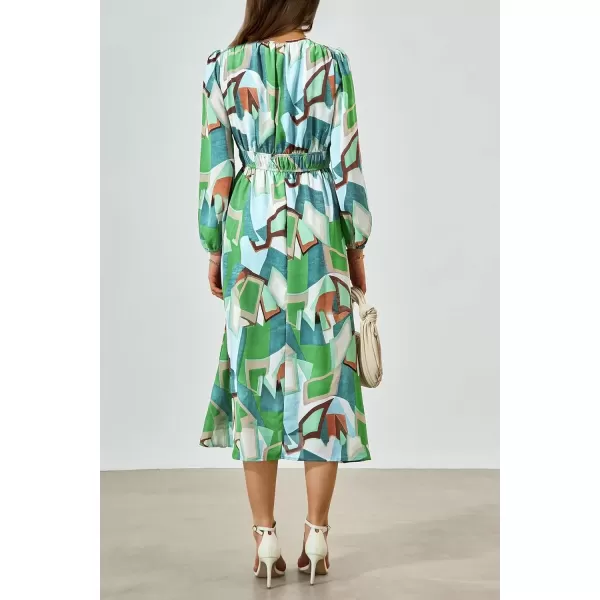 imagePRETTYGARDEN Womens 2024 Fall Boho Maxi Dress Casual Long Sleeve V Neck Printed Beach Long Flowy DressesGreen
